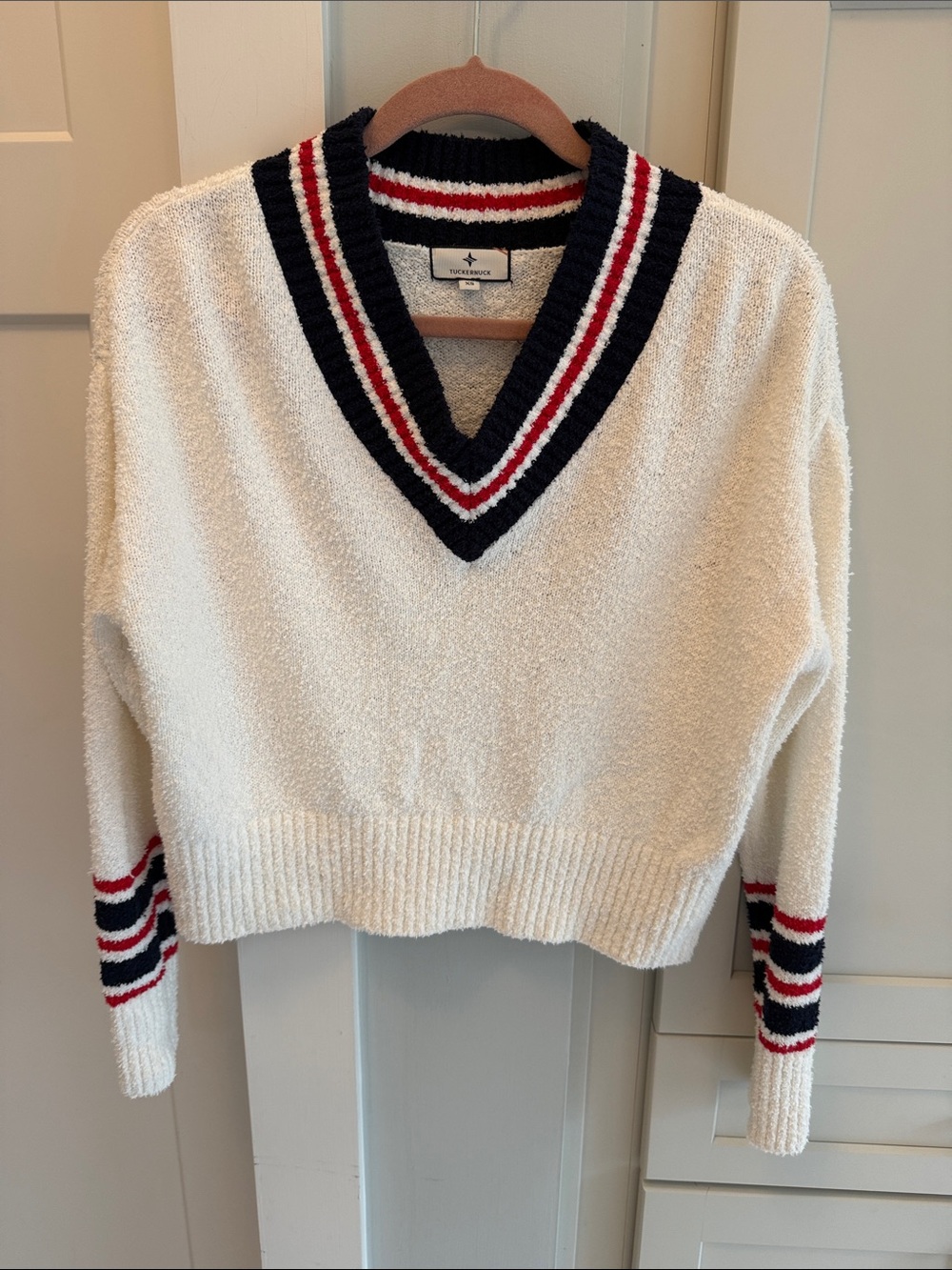 Tuckernuck Cream V-Neck Sweater with Navy and Red Trim
